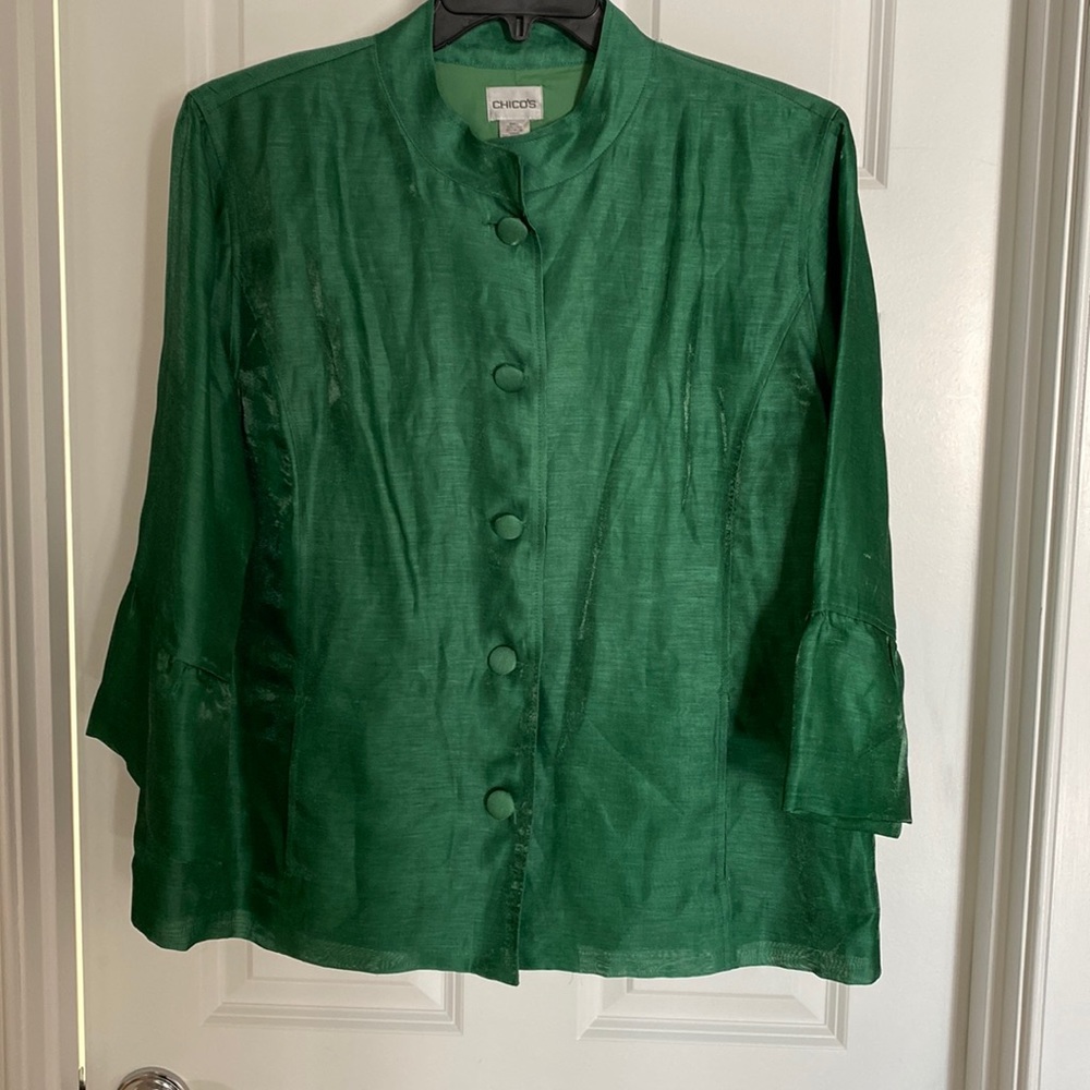 COPY - Chico's Emerald green jacket. Size 3 button front. Fabric has a slight s…